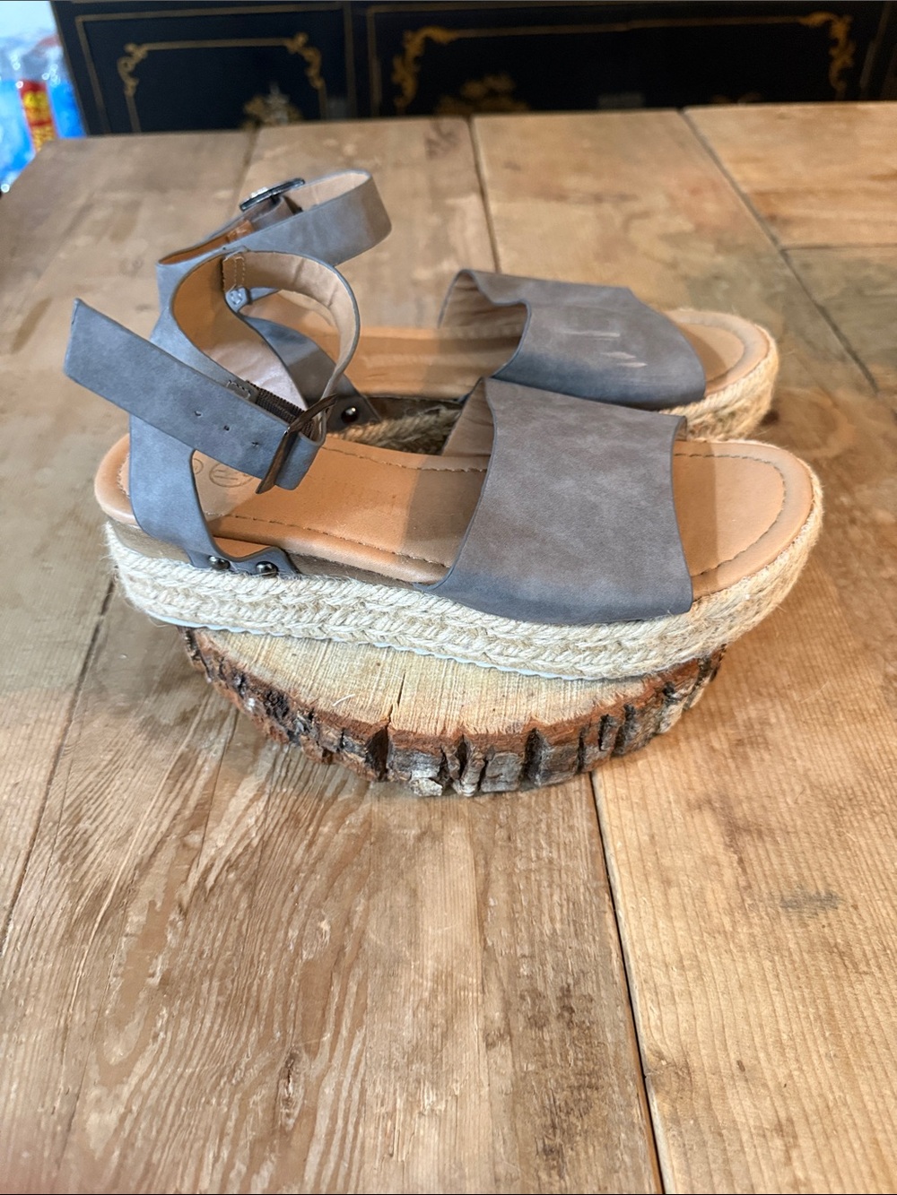PennyLu Gray Espadrille Platform Sandals with Ankle Strap